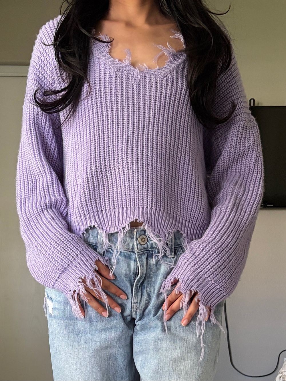 Pastel Lavender Distressed Knit Sweater